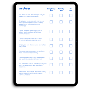 Tablet with a checklist for hybrid working concerning processes, space, technology, and culture. It is used to evaluate hybrid working and can highlight potential areas for improvement.