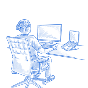 Illustration einer Person am Schreibtisch mit zwei Monitoren in moderner Büroumgebung – symbolisch für flexibles Arbeiten im Desksharing ohne festen Arbeitsplatz.