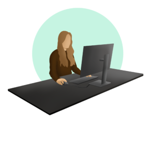 Grafik einer Frau mit langen Haaren an einem Bildschirmarbeitsplatz – steht symbolisch für moderne Arbeitskonzepte wie Desk Sharing ohne feste Schreibtische.