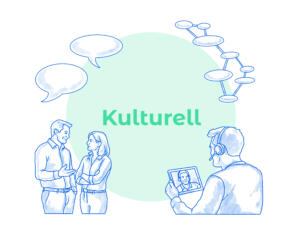 Eine skizzenhafte blau‑weiße Illustration zeigt Mitarbeitende im Gespräch, eine digitale Videokonferenz und ein Netzwerkdiagramm als kulturelle Aspekte moderner Zusammenarbeit im Kontext von Workplace Experience. In der Mitte des Bildes steht das Wort "Kulturell" auf grünem Untergrund, um das die skizzenhaften Elemente angeordnet sind.
