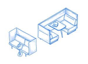 Eine skizzenhafte Zeichnung zeigt das Thema Akustik und Geräuschmanagement im Rahmen der Büroeinrichtung. Sinnbildlich sind zwei akustische Möbel dargestellt, die durch ihre Formgebung die Lautstärke von Gesprächen reduzieren und von der offenen Fläche abschirmen.