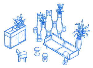 Eine skizzenhafte Zeichnung zeigt das Thema des biophilic Design und der Pflanzenkonzepte im Rahmen der Büroeinrichtung. Zu sehen sind Sitzmöglichkeiten, wie ein Sofa und ein Stuhl, Beistelltische und Pflanzen in Töpfen, auf einem Sideboard und in einem kunstvollen Raumtrenner.